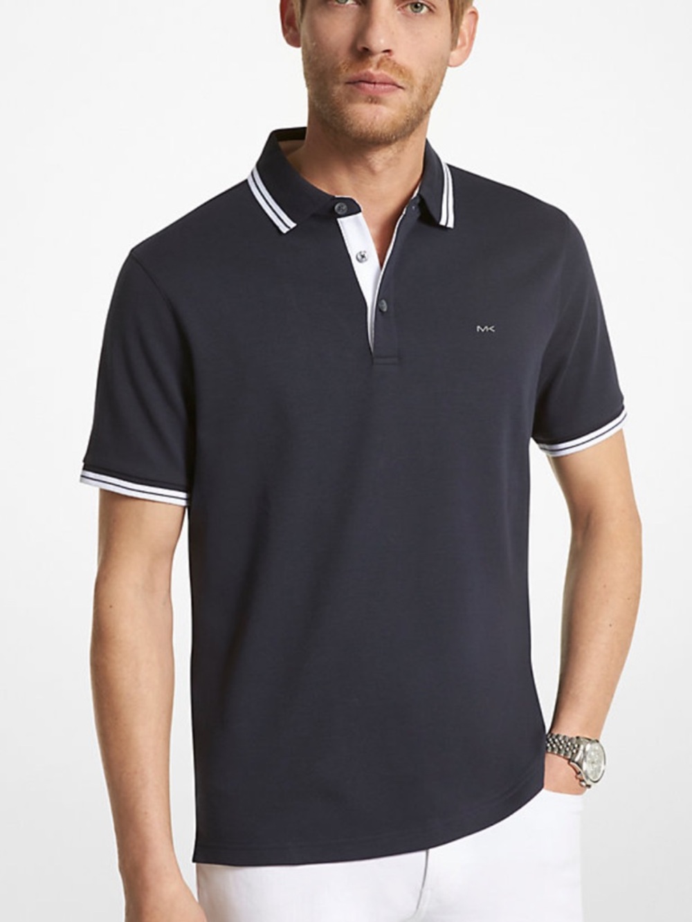 Michael Kors Men's Navy Cotton Polo Shirt with White Contrast Trim